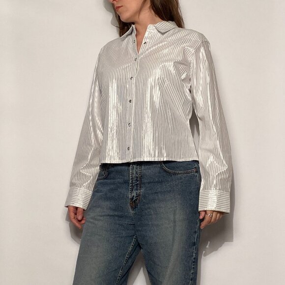 Vintage Y2K WRANGLER Metallic Silver Striped WESTERN Shirt! Large - Picture 4 of 15
